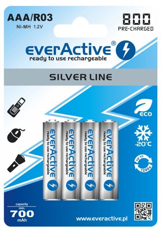 Akut everActive Silver Line Käyttövalmiit 800mAh AAA, 4 kpl hinta ja tiedot | Paristot | hobbyhall.fi