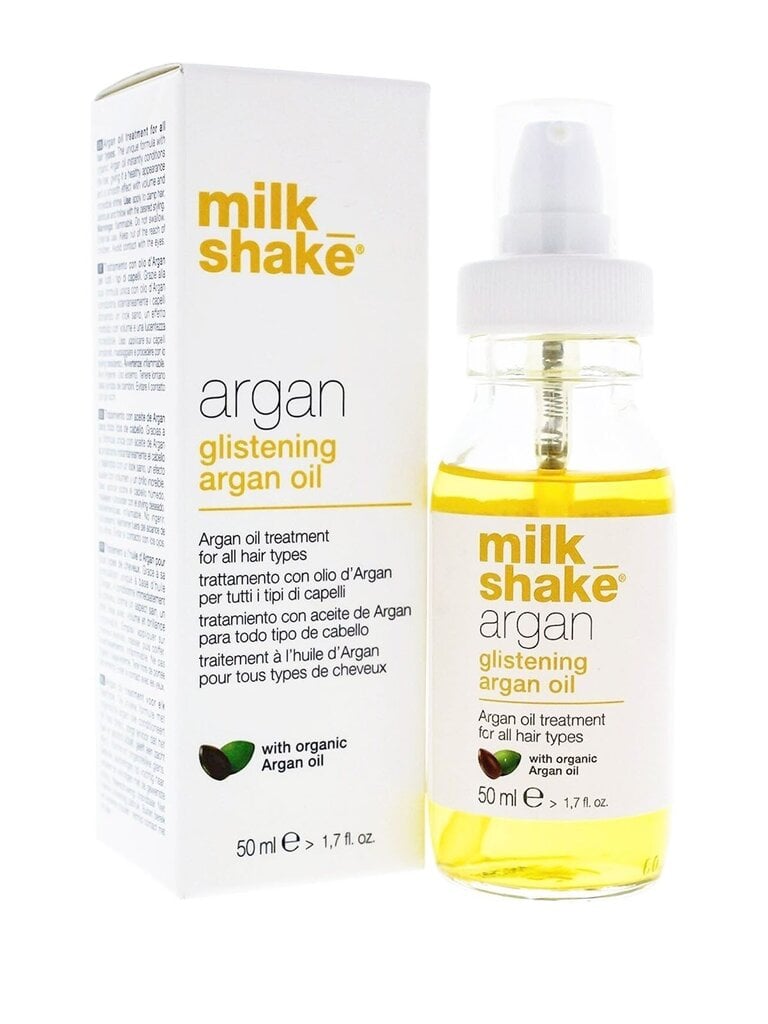 Öljy kaikille hiustyypeille Milk Shake Argan Glistening Argan Oil 50ml hinta ja tiedot | Hiusnaamiot, öljyt ja seerumit | hobbyhall.fi