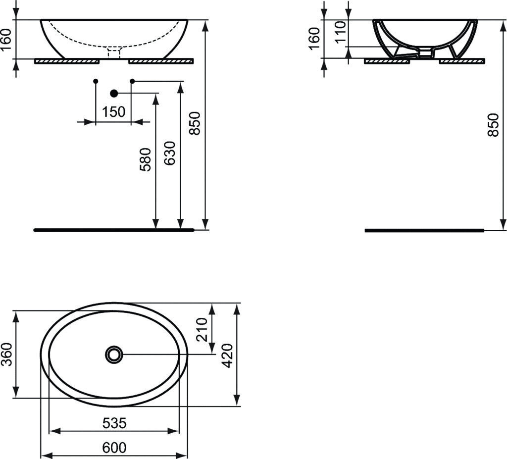 Pesuallas Ideal Standard Strada soikea astia, 60x42 cm, musta matta, K0784V3 hinta ja tiedot | Pesualtaat | hobbyhall.fi