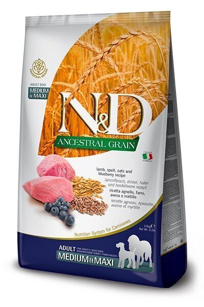 Täysravinto aikuisille koirille Farmina Pet Food N&D Ancestral Grain Canine 2,5 kg, lammasta hinta ja tiedot | Koiran kuivaruoka | hobbyhall.fi