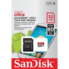 SanDisk Universal microSDHC muistikortti ultra android 80MB/s 32GB cl. 10 UHS-I + adapter hinta ja tiedot | Puhelimen muistikortit | hobbyhall.fi