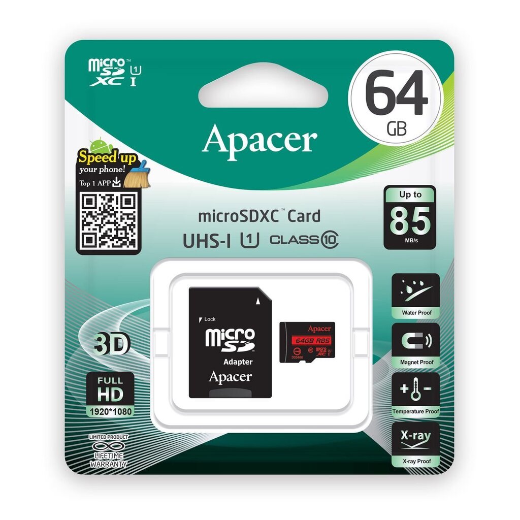 Matkapuhelimen muisti Apacer AP64GMCSX10U5-R, 64GB hinta ja tiedot | Puhelimen muistikortit | hobbyhall.fi