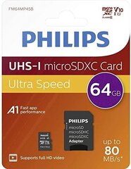 Philips MICROSDXC 64 GB CLASS 10/UHS 1 + SOVITIN hinta ja tiedot | Philips Puhelimet, älylaitteet ja kamerat | hobbyhall.fi
