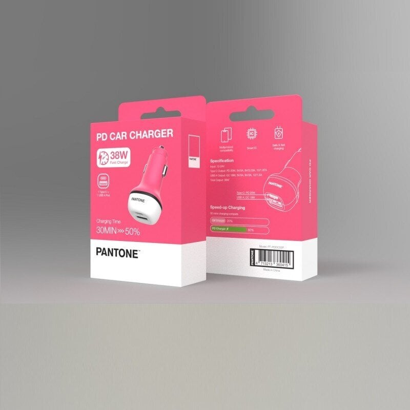 PANTONE autolaturi 38W PD QC 1x USB 1x USB-C PT-PDDC05 Pinkki 184C hinta ja tiedot | Puhelimen laturit | hobbyhall.fi