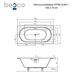 Kylpyamme Besco Vitae Slim+, 150x75 cm hinta ja tiedot | Kylpyammeet | hobbyhall.fi