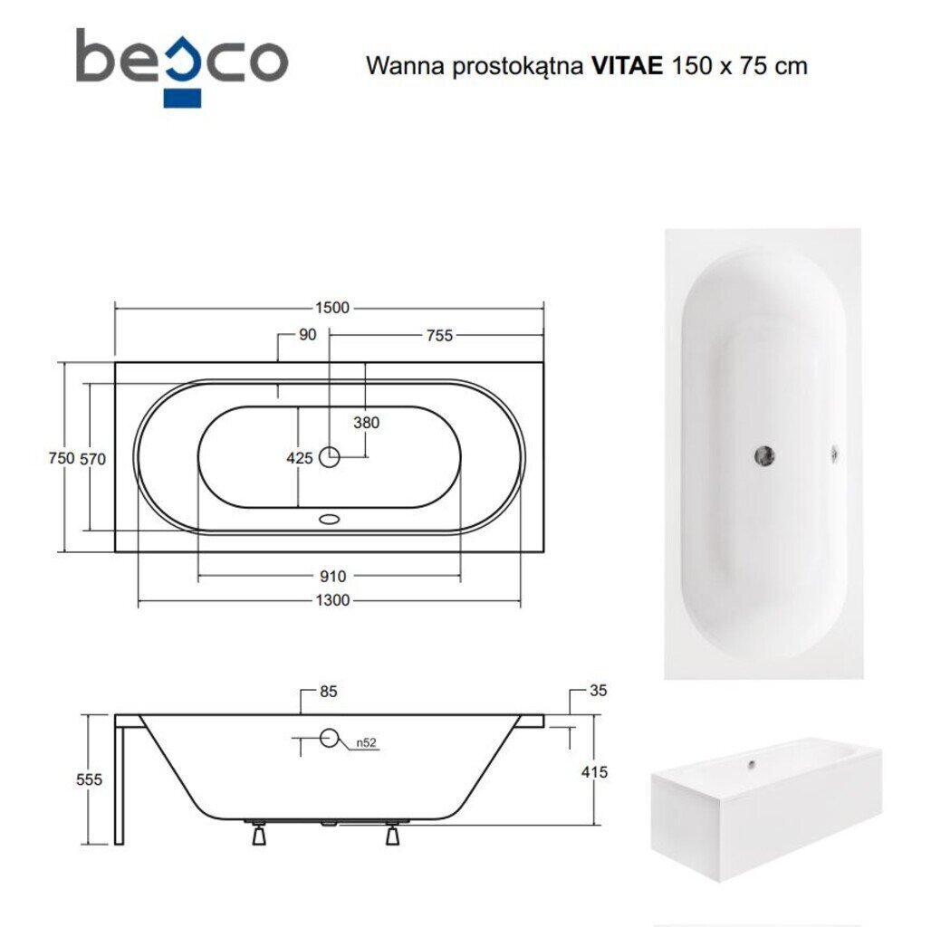 Kylpyamme Besco Vitae paneeleilla, 150x75 cm hinta ja tiedot | Kylpyammeet | hobbyhall.fi