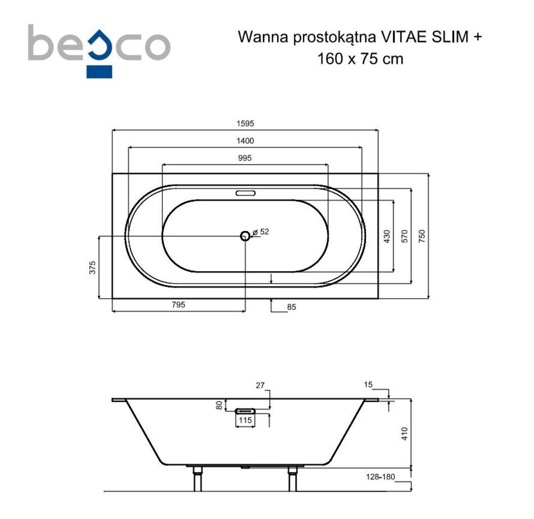 Kylpyamme Besco Vitae Slim+, 160x75 cm hinta ja tiedot | Kylpyammeet | hobbyhall.fi