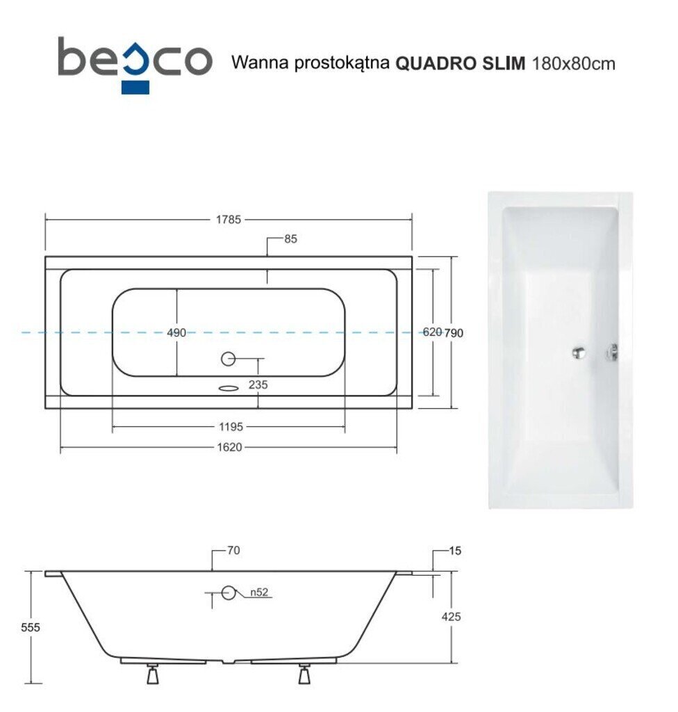 Kylpyamme Besco Quadro Slim, 180x80 cm hinta ja tiedot | Kylpyammeet | hobbyhall.fi