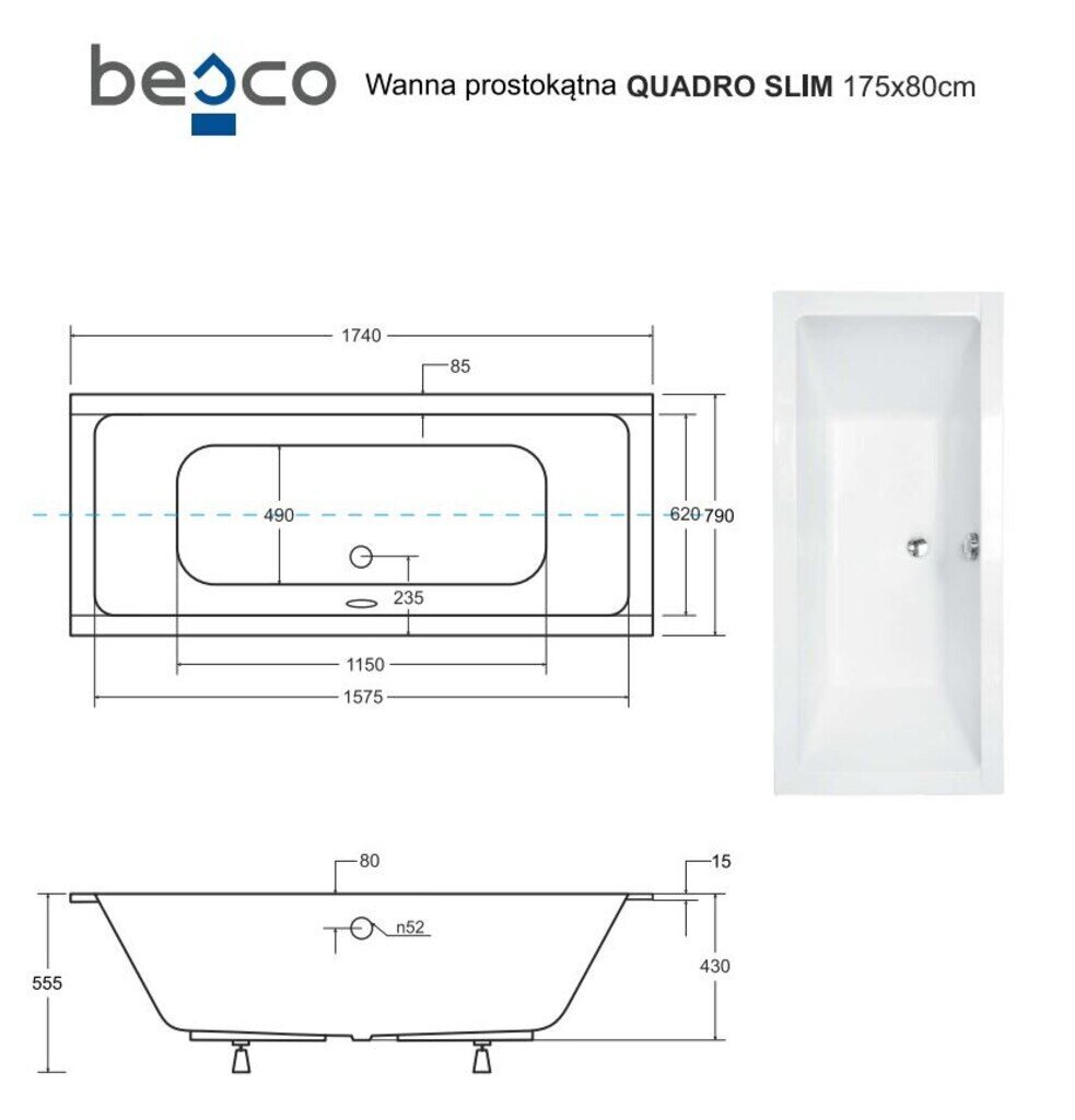 Kylpyamme Besco Quadro Slim, 175x80 cm hinta ja tiedot | Kylpyammeet | hobbyhall.fi