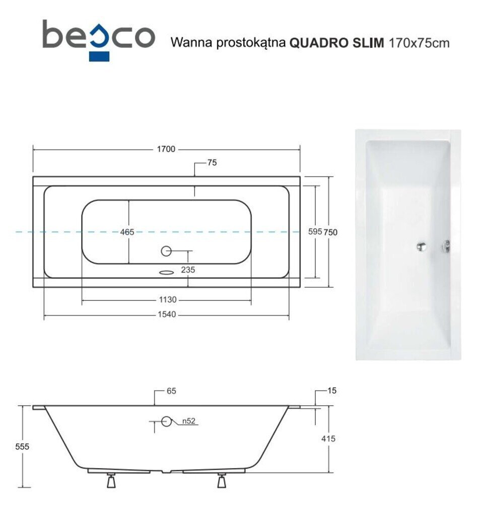 Kylpyamme Besco Quadro Slim, 170x75 cm hinta ja tiedot | Kylpyammeet | hobbyhall.fi