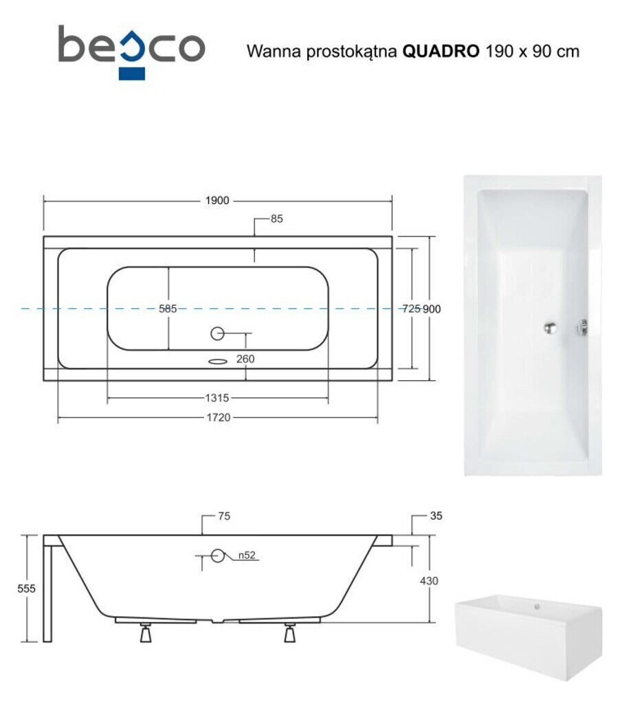 Kylpyamme Besco Quadro paneeleilla, 190x90 cm hinta ja tiedot | Kylpyammeet | hobbyhall.fi