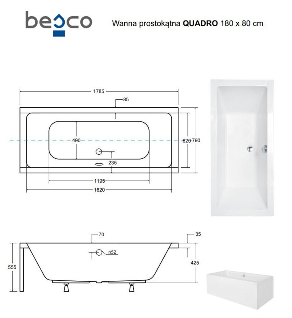 Kylpyamme Besco Quadro paneeleilla, 180x80 cm hinta ja tiedot | Kylpyammeet | hobbyhall.fi