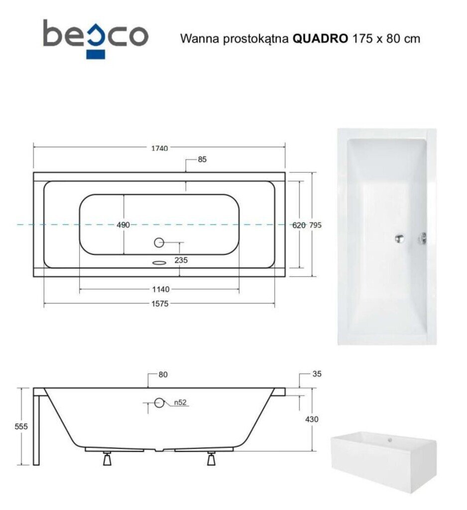 Kylpyamme Besco Quadro paneeleilla, 175x80 cm hinta ja tiedot | Kylpyammeet | hobbyhall.fi