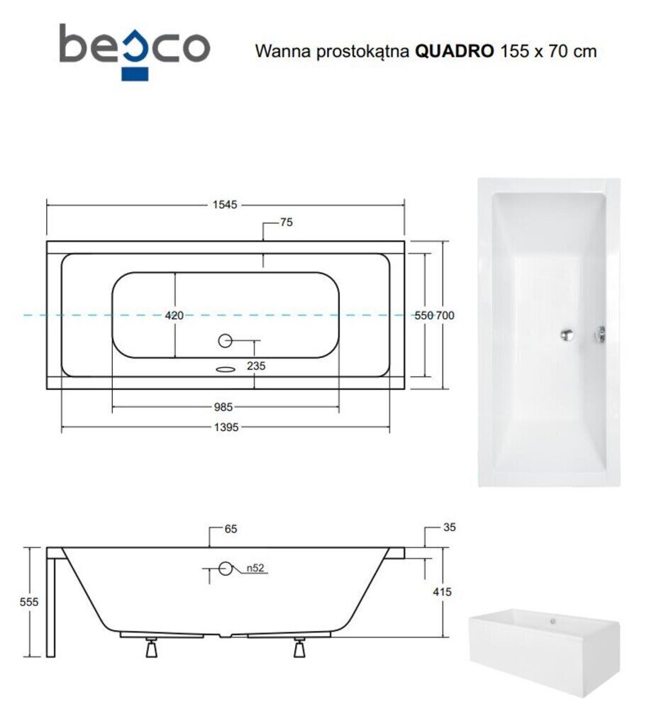 Kylpyamme Besco Quadro paneeleilla, 155x70 cm hinta ja tiedot | Kylpyammeet | hobbyhall.fi