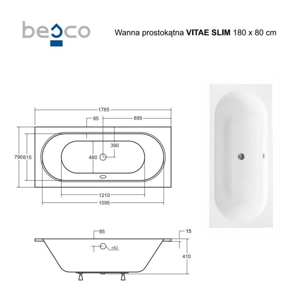 Kylpyamme Besco Vitae Slim, 180x80 cm hinta ja tiedot | Kylpyammeet | hobbyhall.fi