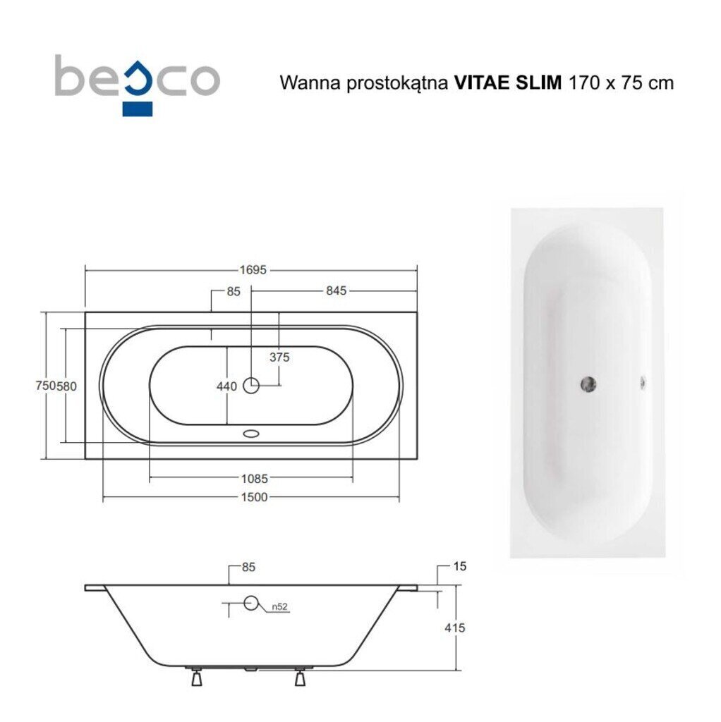 Kylpyamme Besco Vitae Slim, 170x75 cm hinta ja tiedot | Kylpyammeet | hobbyhall.fi