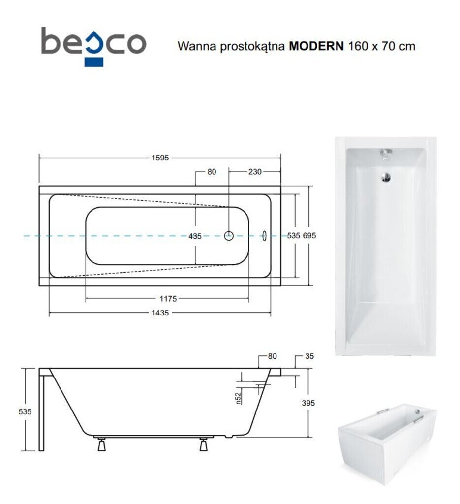 Kylpyamme Besco Modern paneeleilla, 160x70 cm hinta ja tiedot | Kylpyammeet | hobbyhall.fi