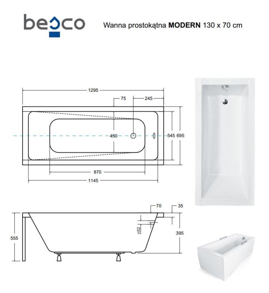 Kylpyamme Besco Modern paneeleilla, 130 x 70 cm hinta ja tiedot | Kylpyammeet | hobbyhall.fi