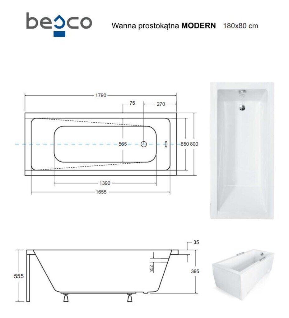 Kylpyamme Besco Modernne, 180x80 cm hinta ja tiedot | Kylpyammeet | hobbyhall.fi