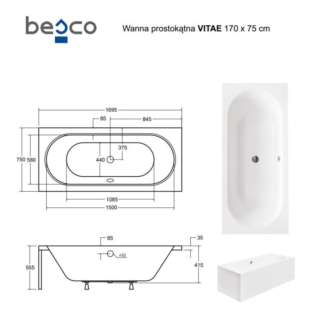 Kylpyamme Besco Vitae paneeleilla, 170x75 cm hinta ja tiedot | Kylpyammeet | hobbyhall.fi