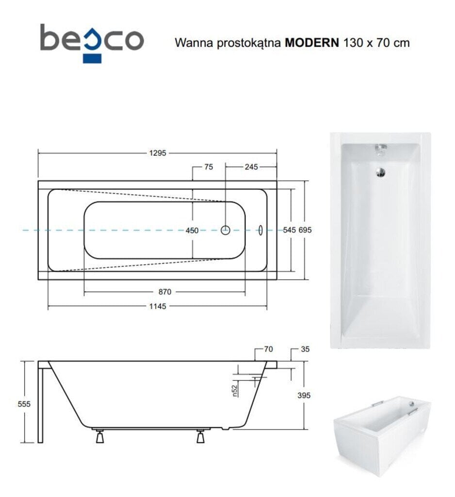 Kylpyamme Besco Modern paneeleilla, 130x70 cm hinta ja tiedot | Kylpyammeet | hobbyhall.fi