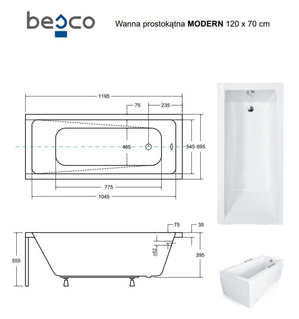 Kylpyamme Besco Modern paneeleilla, 120x70 cm hinta ja tiedot | Kylpyammeet | hobbyhall.fi