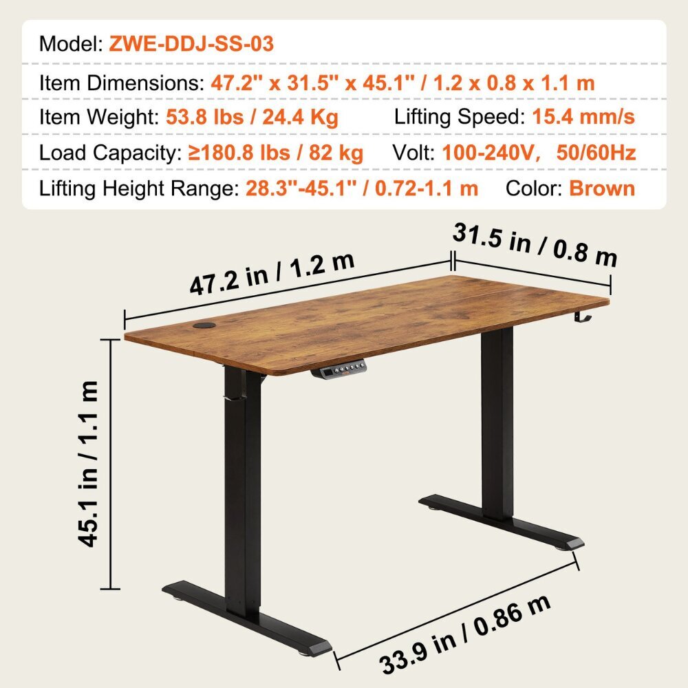 Sähkösäädettävä työpöytä Vevor, ruskea, 120x80 cm hinta ja tiedot | Tietokonepöydät ja työpöydät | hobbyhall.fi