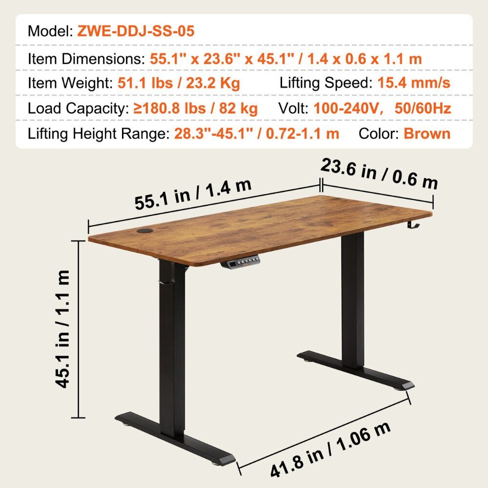 Sähköisesti säädettävä työpöytä Vevor, ruskea, 140x60cm hinta ja tiedot | Tietokonepöydät ja työpöydät | hobbyhall.fi