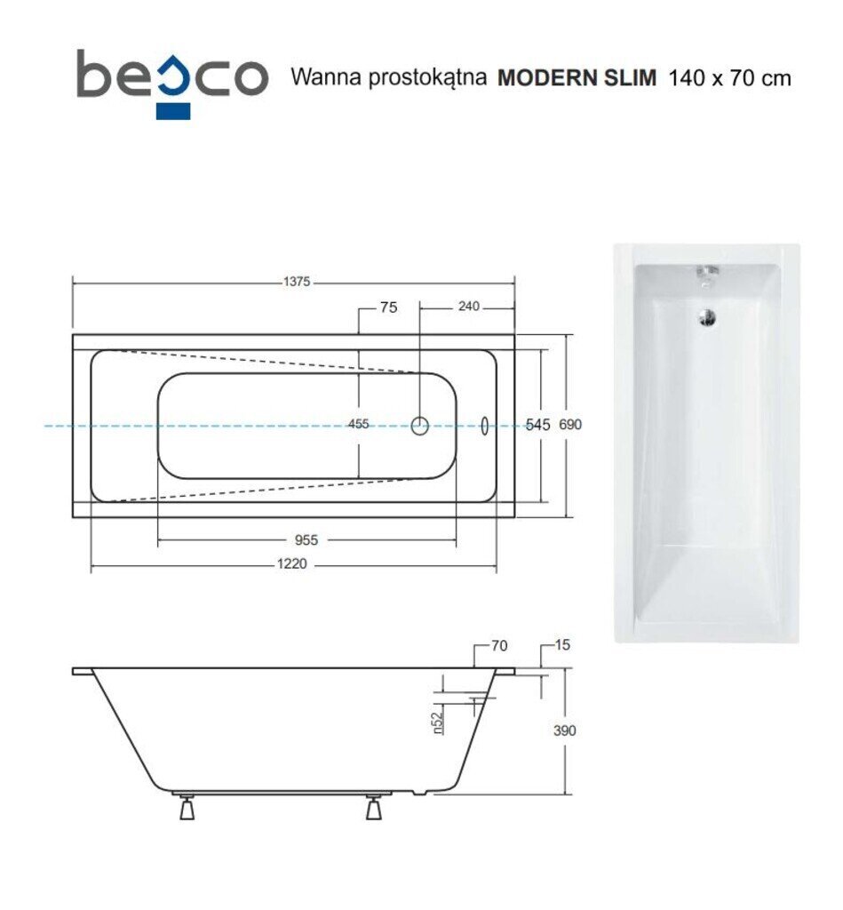 Kylpyamme Besco Modern Slim, 140x70 cm hinta ja tiedot | Kylpyammeet | hobbyhall.fi