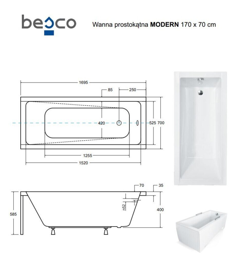 Kylpyamme Besco Modern paneeleilla, 170x70 cm hinta ja tiedot | Kylpyammeet | hobbyhall.fi