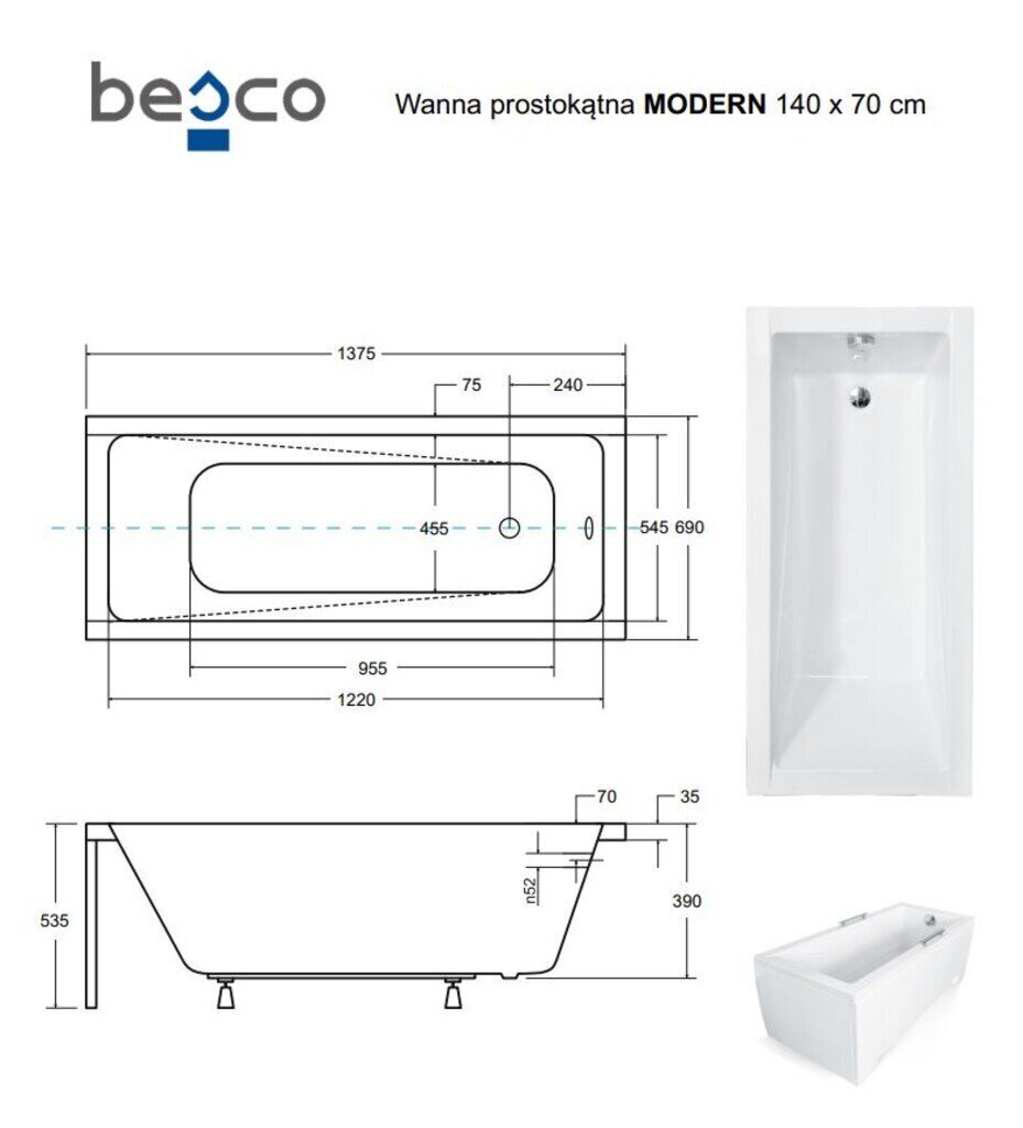 Kylpyamme Besco Modern paneeleilla, 140x70 cm hinta ja tiedot | Kylpyammeet | hobbyhall.fi