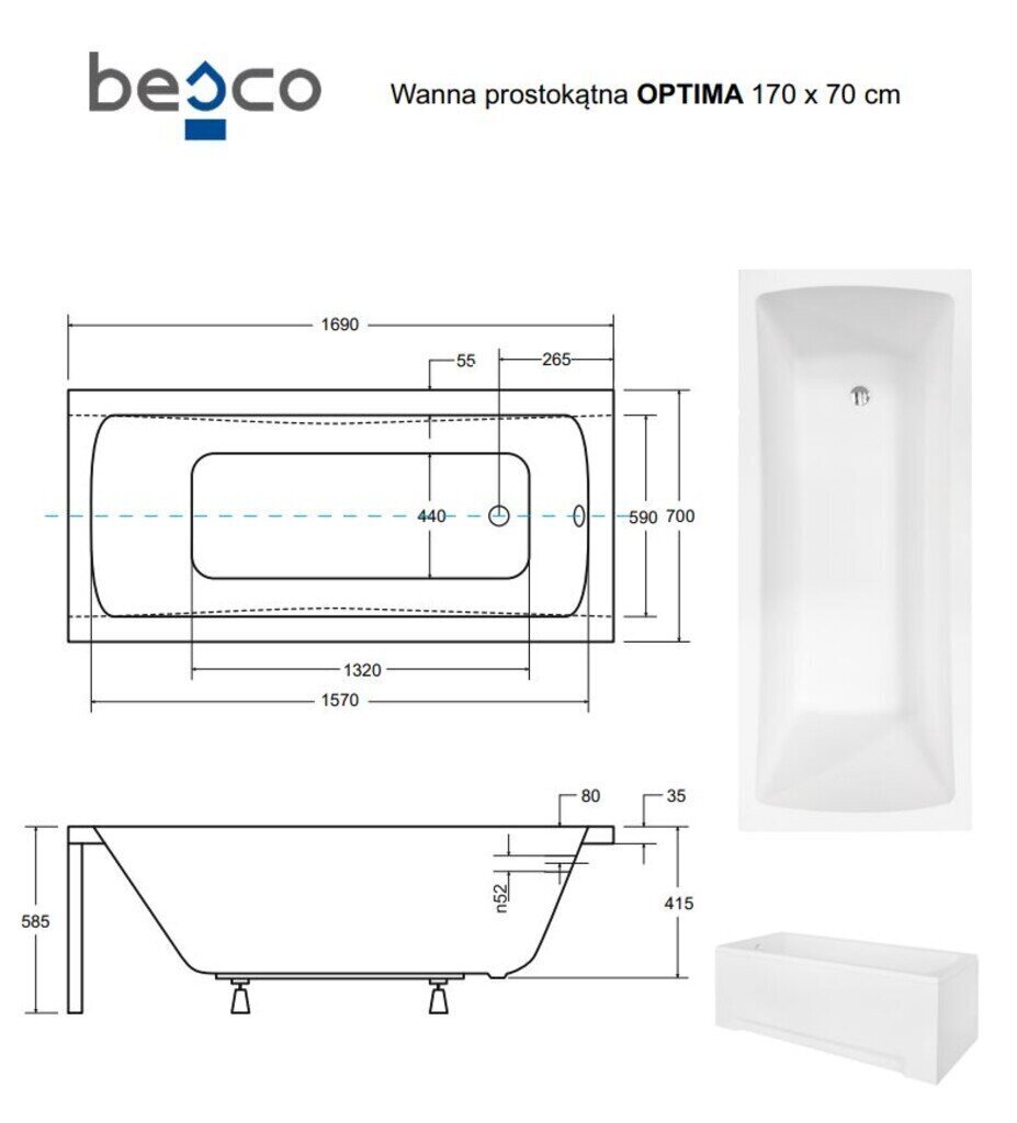 Kylpyamme Besco Optima paneeleilla, 170x70 cm hinta ja tiedot | Kylpyammeet | hobbyhall.fi