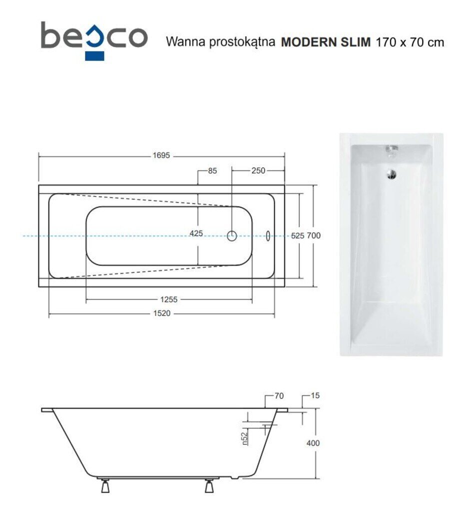 Kylpyamme Besco Modern Slim, 170x70 cm hinta ja tiedot | Kylpyammeet | hobbyhall.fi