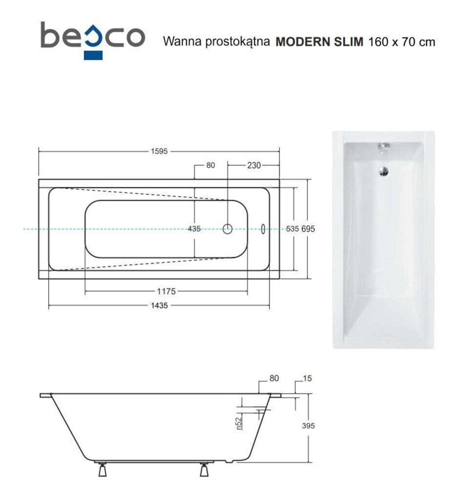 Kylpyamme Besco Modern Slim, 160x70 cm hinta ja tiedot | Kylpyammeet | hobbyhall.fi