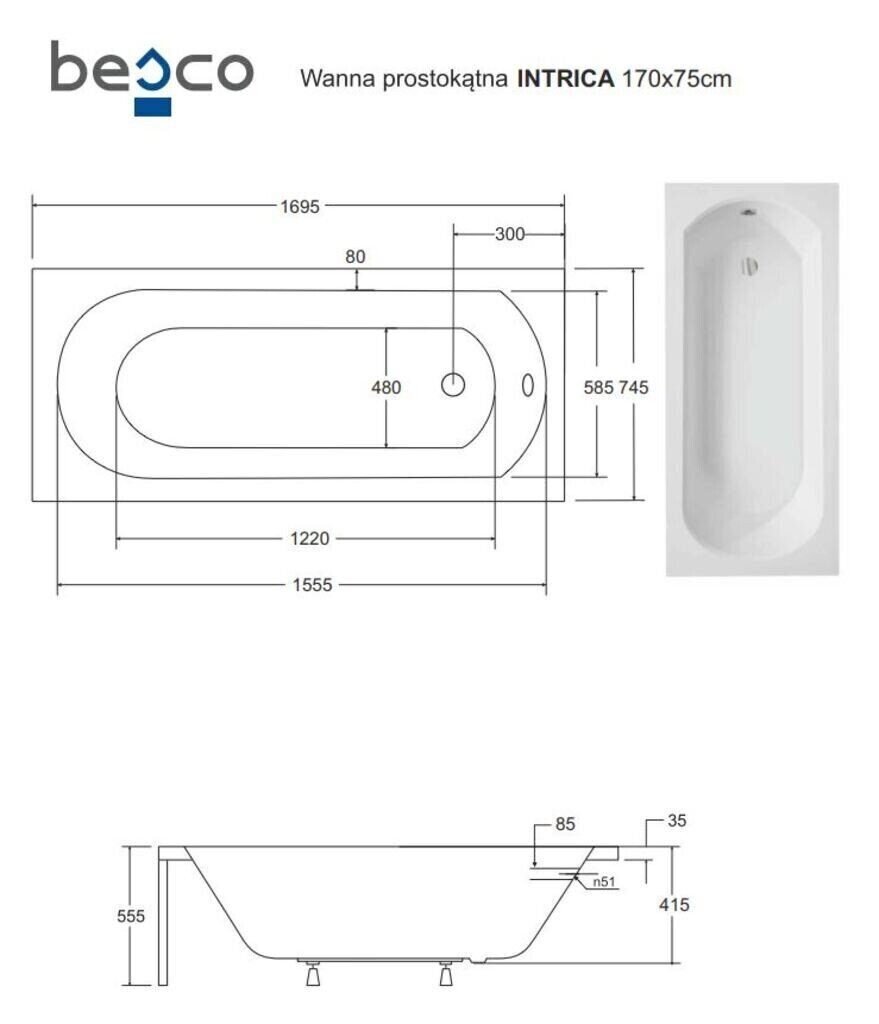 Kylpyamme Besco Intrica, 170x75 cm hinta ja tiedot | Kylpyammeet | hobbyhall.fi