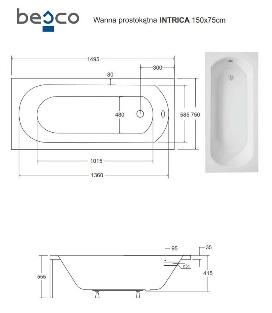 Kylpyamme Besco Intrica, 150x75 cm hinta ja tiedot | Kylpyammeet | hobbyhall.fi