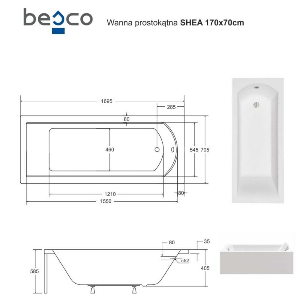 Kylpyamme Besco Shea, 170x70 cm hinta ja tiedot | Kylpyammeet | hobbyhall.fi