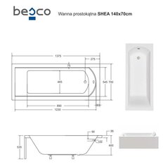 Kylpyamme Besco Shea, 140x70 cm hinta ja tiedot | Kylpyammeet | hobbyhall.fi