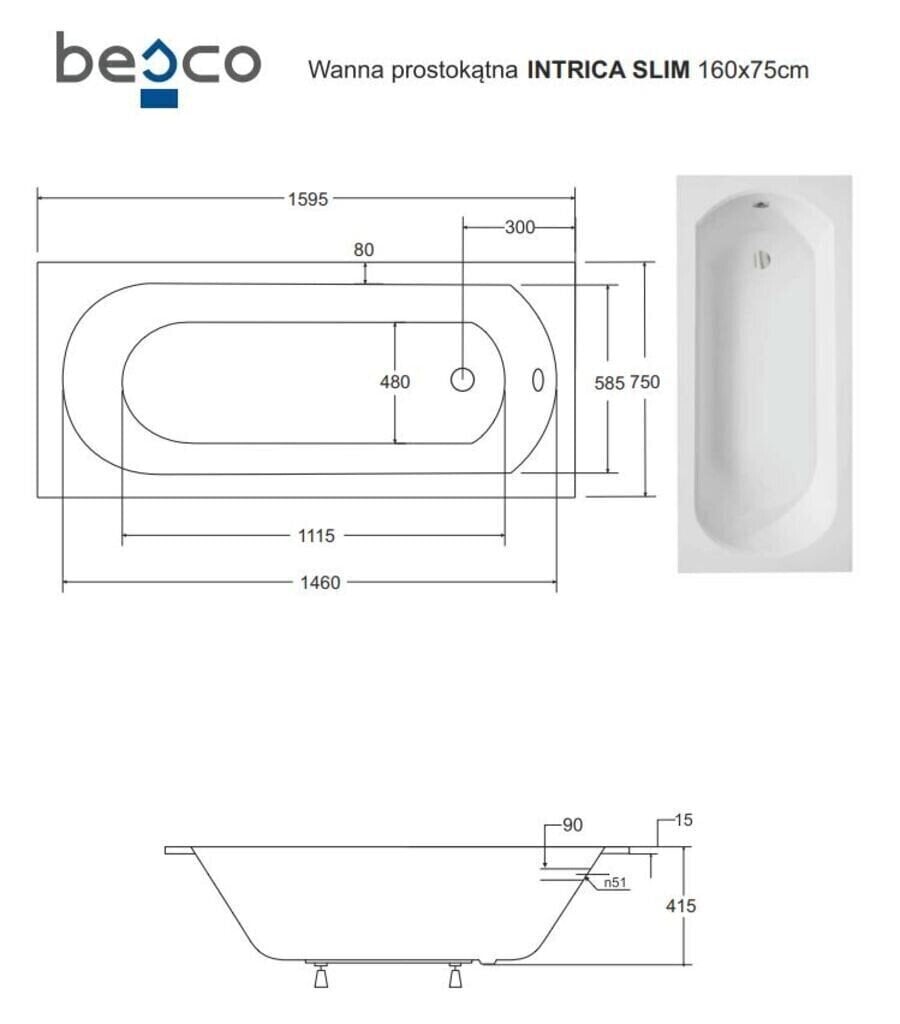 Kylpyamme Besco Intrica Slim, 160x75 cm hinta ja tiedot | Kylpyammeet | hobbyhall.fi