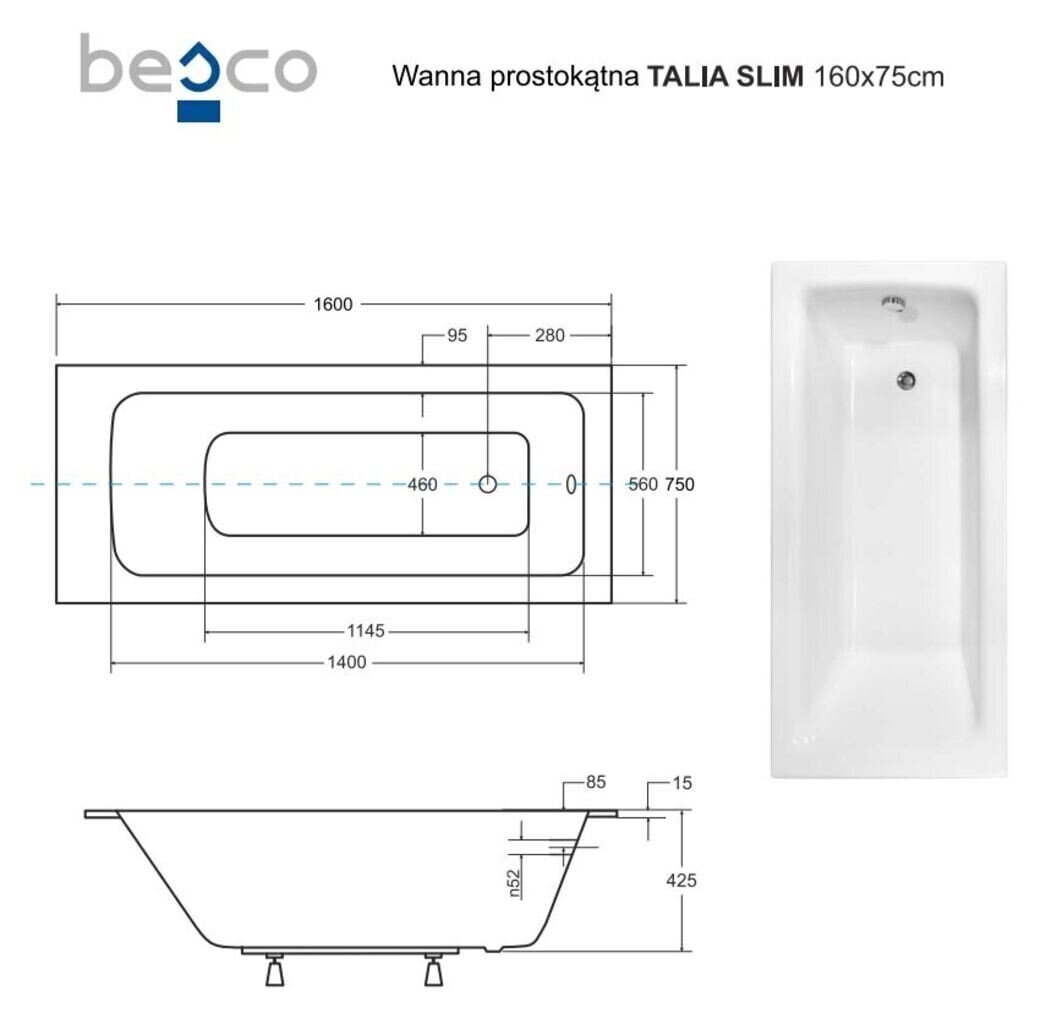 Kylpyamme Besco Talia Slim, 160x75 cm hinta ja tiedot | Kylpyammeet | hobbyhall.fi