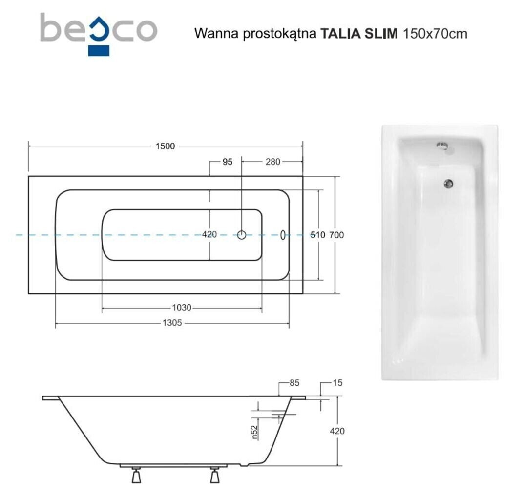 Kylpyamme Besco Talia Slim, 150x70 cm hinta ja tiedot | Kylpyammeet | hobbyhall.fi