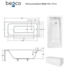 Kylpyamme Besco Talia paneeleilla, 140x70 cm hinta ja tiedot | Kylpyammeet | hobbyhall.fi