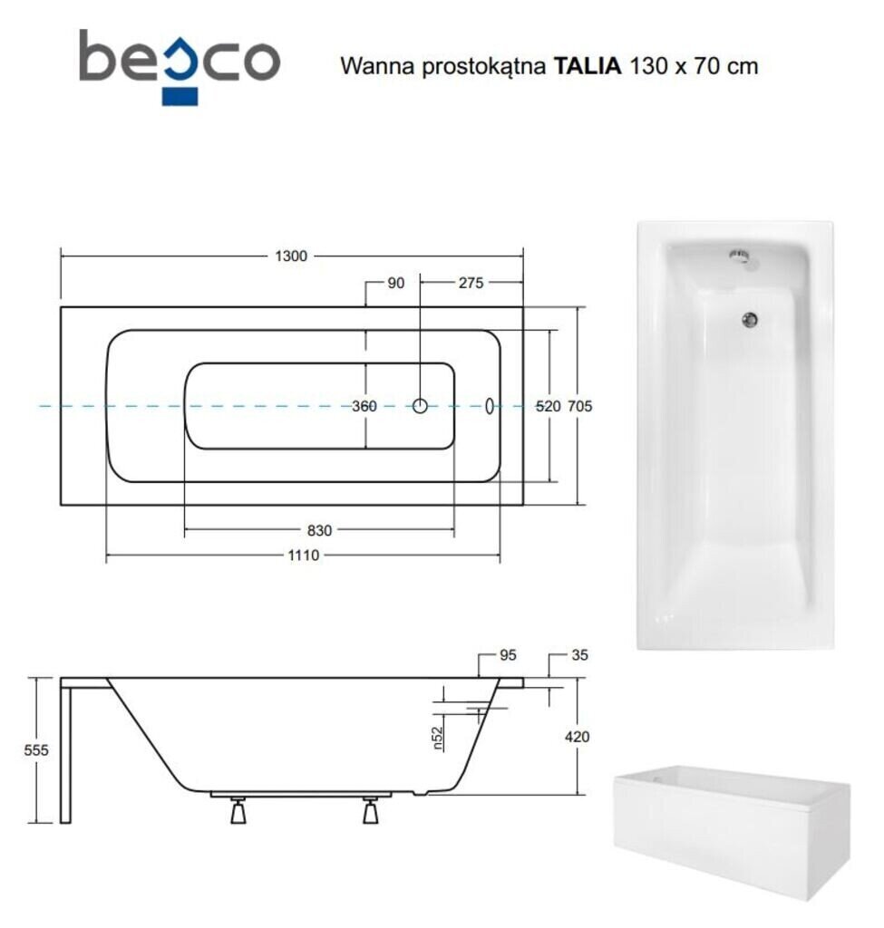 Kylpyamme Besco Talia paneeleilla, 130x70 cm hinta ja tiedot | Kylpyammeet | hobbyhall.fi