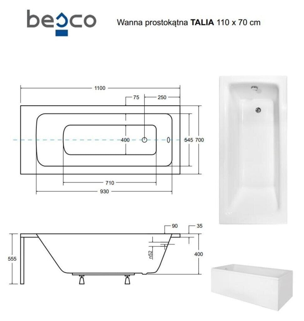 Kylpyamme Besco Talia paneeleilla, 110x70 cm hinta ja tiedot | Kylpyammeet | hobbyhall.fi