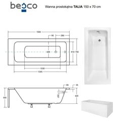 Kylpyamme Besco Talia paneeleilla, 150x70 cm hinta ja tiedot | Kylpyammeet | hobbyhall.fi