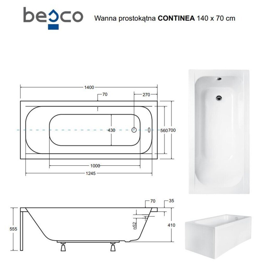 Kylpyamme Besco Continea paneeleilla, 140x70 cm hinta ja tiedot | Kylpyammeet | hobbyhall.fi