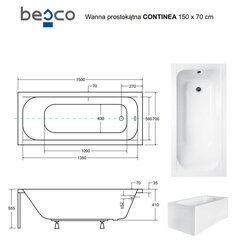 Kylpyamme Besco Continea, 150x70 cm hinta ja tiedot | Kylpyammeet | hobbyhall.fi