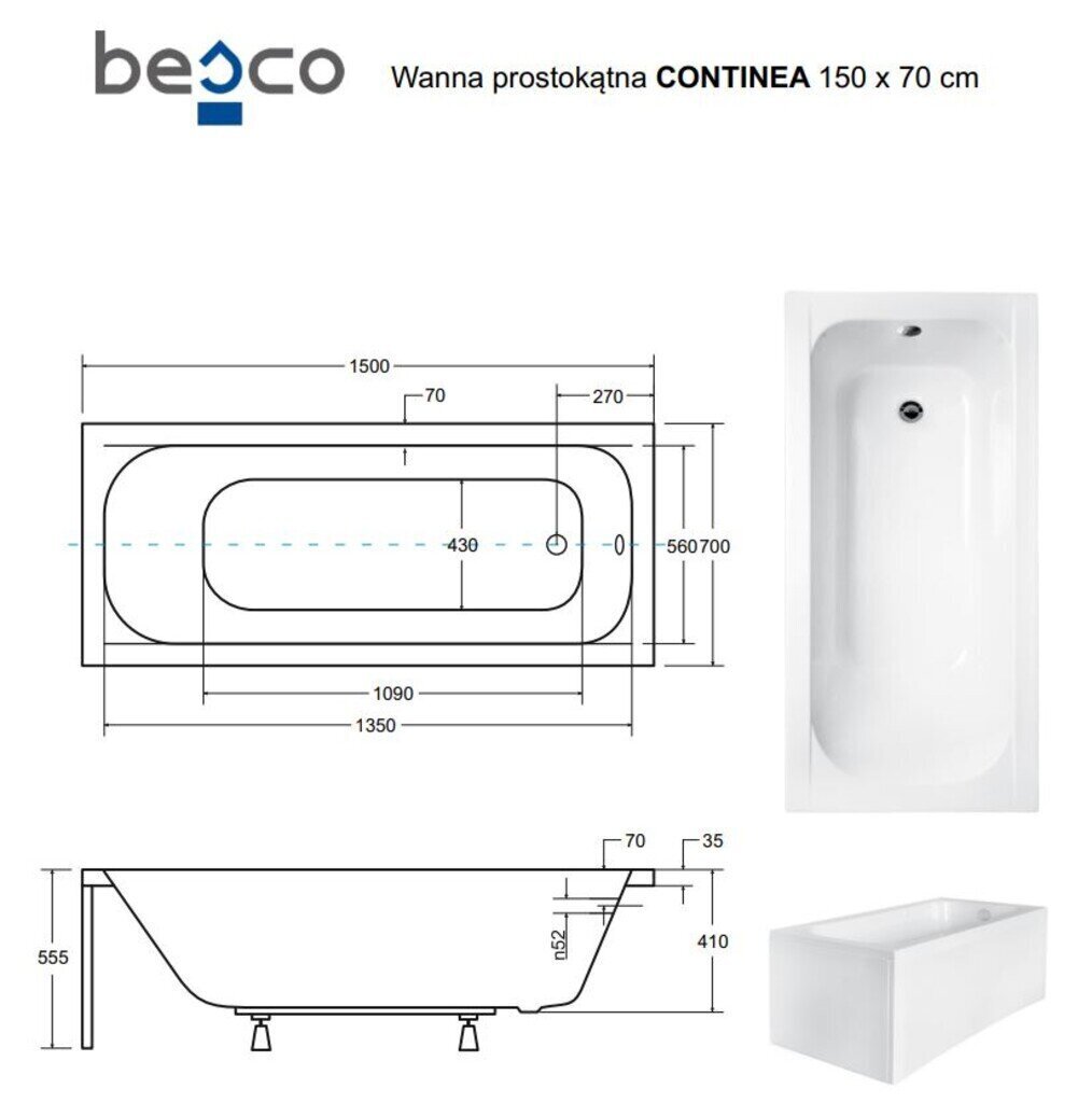 Kylpyamme Besco Continea, 150x70 cm hinta ja tiedot | Kylpyammeet | hobbyhall.fi