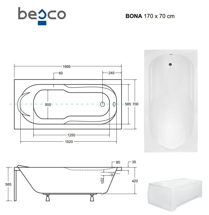 Kylpyamme Besco Bona paneeleilla, 170x70 cm hinta ja tiedot | Kylpyammeet | hobbyhall.fi