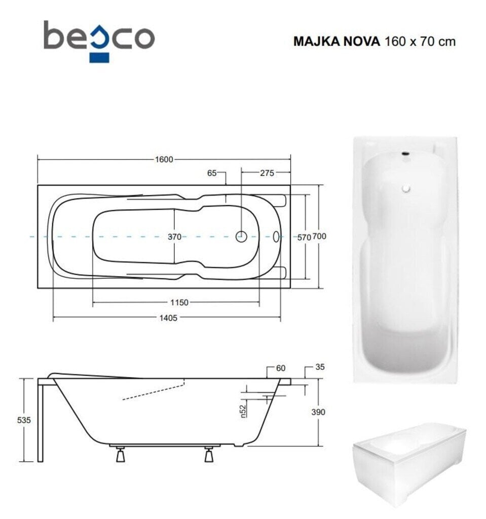 Kylpyamme Besco Majka Nova, 160x70 cm hinta ja tiedot | Kylpyammeet | hobbyhall.fi